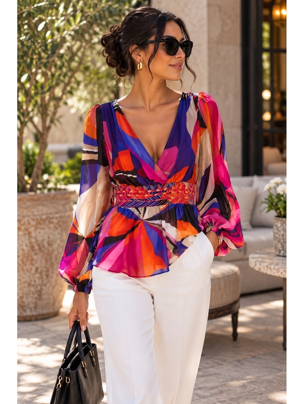 XOXO Colorful Abstract Print Long Sleeve Blouse Size M